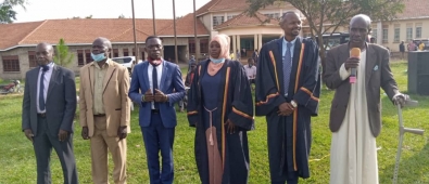 (R-L)District chairperson Hon Ffefeeka Sserubogo, District Speaker-Hon Bulinson Saleh,Deputy Speaker Hon Nakimera & other Executive members after being sworn in